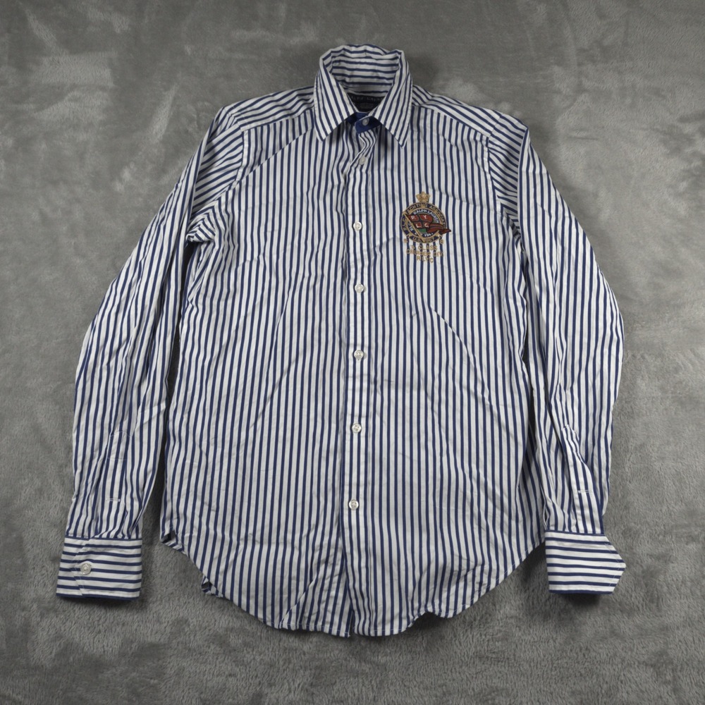 Ralph Lauren Shirt Womens 8 Blue White Striped Yachting Crest Button Up Nautical - Picture 9 of 16